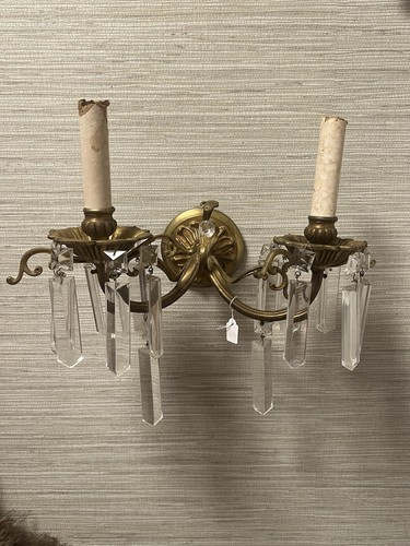 Brass? 2 Arm Electric Wall Sconce with Crystal Prisms vintage Untested As Is. - Picture 14 of 14