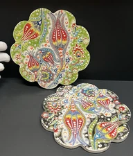 2 Handmade Turkish Ceramic Pottery Garden Style Tile Trivet Scalloped round 7"w
