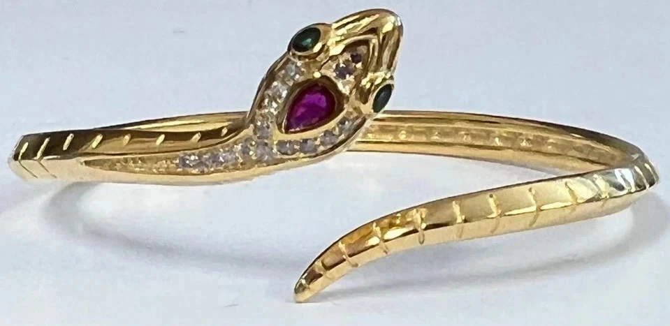 14k Yellow Gold Plated 3.60Ct Pear Lab-Created Red Ruby Snake Cuff Bracelet - Image 3 of 4