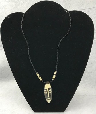 Vintage 19'' Black and White, Carved Tribal Mask Necklace, African JWL-1101
