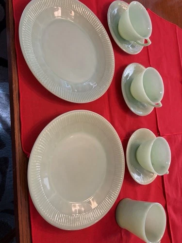 Fire King Jadeite Milk Glass 9 Piece Cup, Saucer & Plate Set USA Glossy