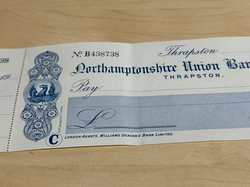 Unused WW1 Era Northamptonshire Union Bank Thrapston Cheque Williams Deacon's - Picture 3 of 10