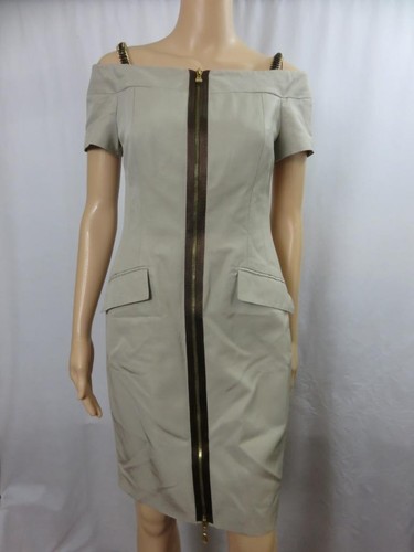 Escada Khaki Dress Beige Sheath Short Sleeve Cold Shoulder Front Zip Size 34 XS - Picture 1 of 6