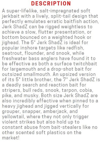 Zman Soft Lure Jerk ShadZ 5 Inch 5/Pack Hot Chart (0108) - Picture 3 of 6