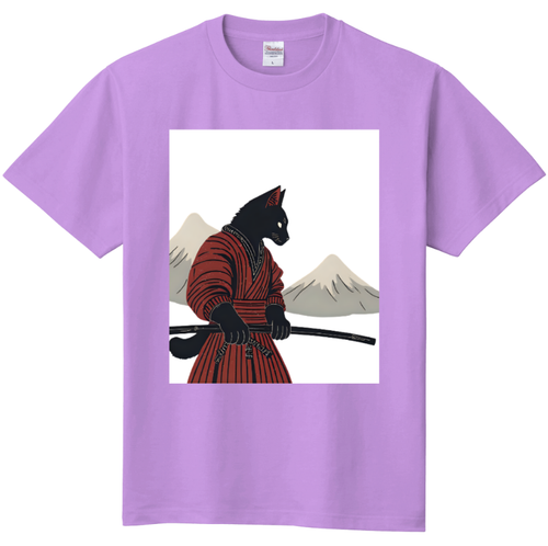 Samurai Black Cat T-Shirt – Japanese Art Style Warrior with Katana and Mountain - Picture 11 of 11