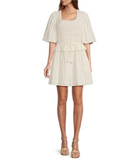 Scoop Neck Puff Sleeve Ruffle Crochet Mixed Media Babydoll Mini Dress