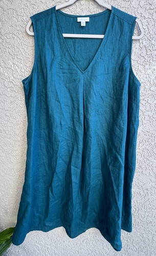 Vestido para mujer J. Jill verde azulado sin mangas de lino línea A bolsillos talla 1X - Imagen 7 de 7