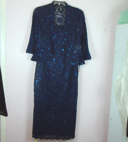 R&M Richards Women's Navy Sequin Lace 2-Piece Dress Jacket Set Size 14 - Picture 2 of 14