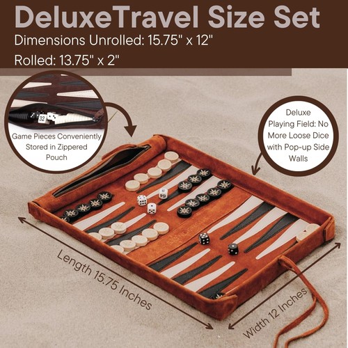 Roll-up Portable Suede Deluxe Backgammon Game Set- Elegant Design Engraved Wo... - Picture 4 of 8