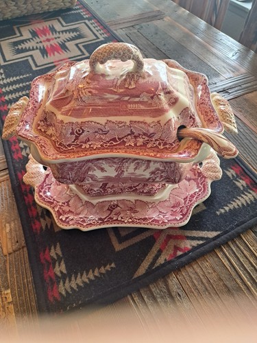 Vintage Mason's Ironstone "Vista" Pink Tureen with Underplate and Ladle 3 Quarts