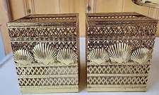 2 Gold Tissue Box Cover W/Shells Hollywood Regency MCM Metal Filigree