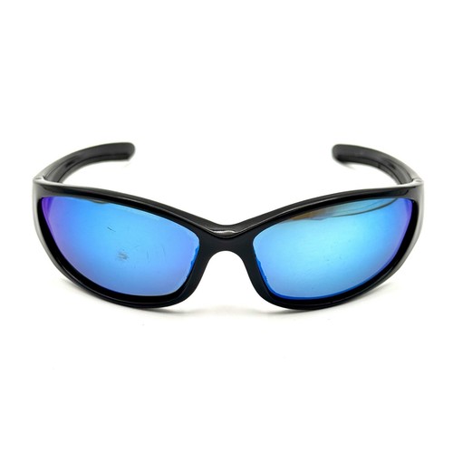 Sea Strike Designer Wrap Sunglasses Glossy Black Fashion Frame Blue Mirror Lens