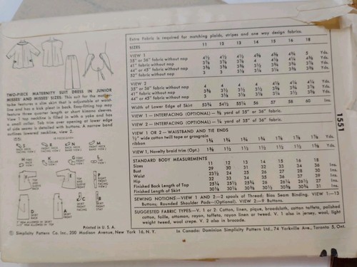 Maternity Suit Dress 13 Sewing Pattern Simplicity 1551 Slim Skirt Top VTG 1950s - Picture 7 of 10