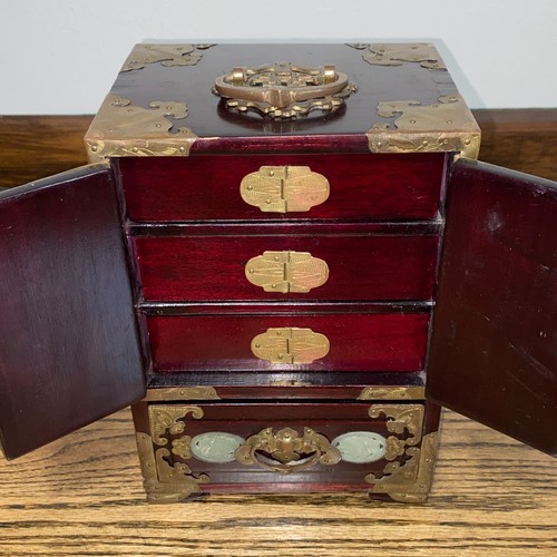 Vintage Rosewood Chinese Jewelry Box with Brass and Jade Inlay 4 Drawer - Picture 8 of 16