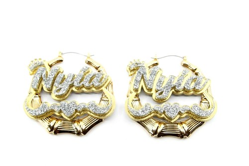 Gold Bamboo Hoop Earrings 2.5" Name Laser Cut Diamond Look, Swirls Heart Crown - Picture 6 of 12
