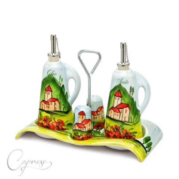 BASSANO Ceramic Oil & Vinegar Bottles Spice Shakers 26 Cm Tuscany New From Italy
