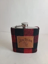 Jim Beam Hip Flask Stainless Steel Hunter Black Red Flannel Cover Wrap 6 oz