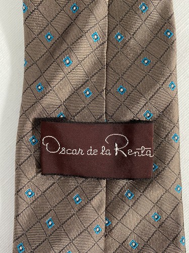 Oscar de la Renta Brown Blue Check Box 100% Silk Men’s Necktie Tie (48”x 3") - Picture 4 of 6