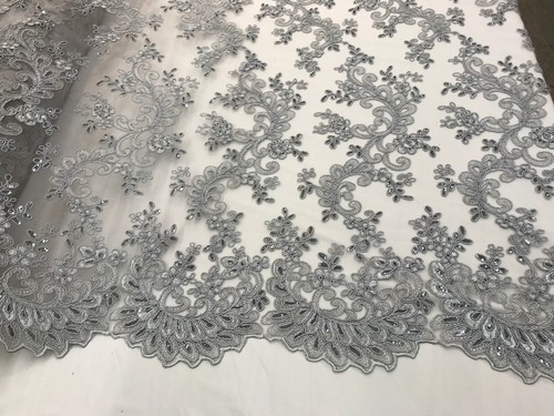 Gray/Silver Embroider Mesh Lace Fabric By Yard_ Floral Lace/Tablecloths, Costume - Picture 5 of 12