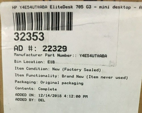 HP Y4E54UT#ABA SERIAL#MXL8431KRZ ELITE DESKTOP MINI PC(NEW)MFG. DAT 12/2018 - Picture 3 of 4