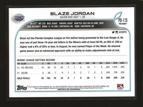 2022 Topps Pro Debut Base Card Blaze Jordan Salem Red Sox (#PD-115) - Picture 2 of 2