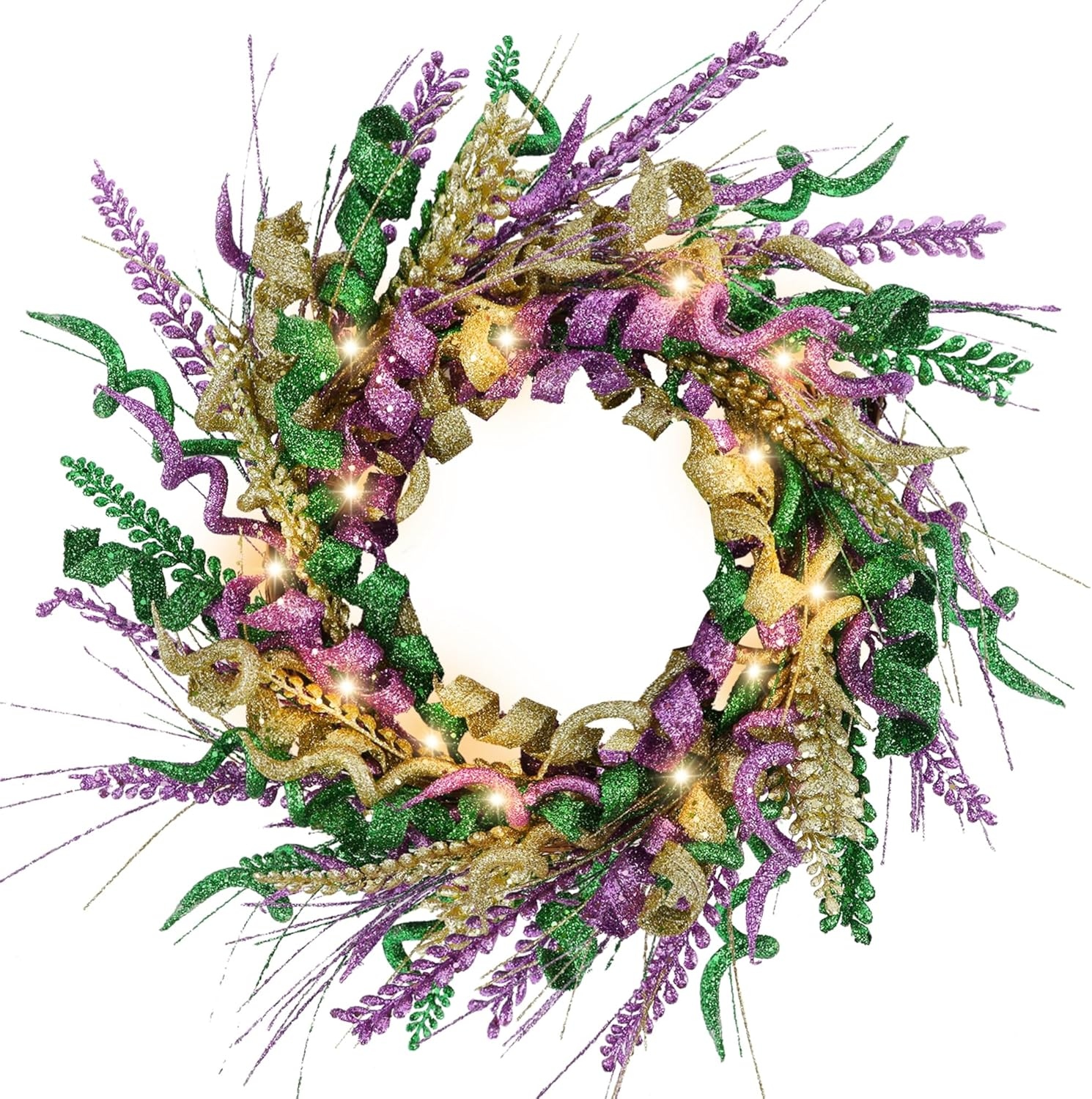 16-Inch Glitter Mardi Gras Wreath for Front Door Decor