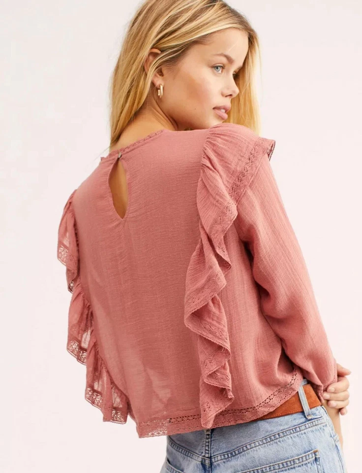 Free People Jasmine Ruffle Lace Boho Peasant Gauzy Victorian Cotton Blouse Sz S - Image 2 of 4