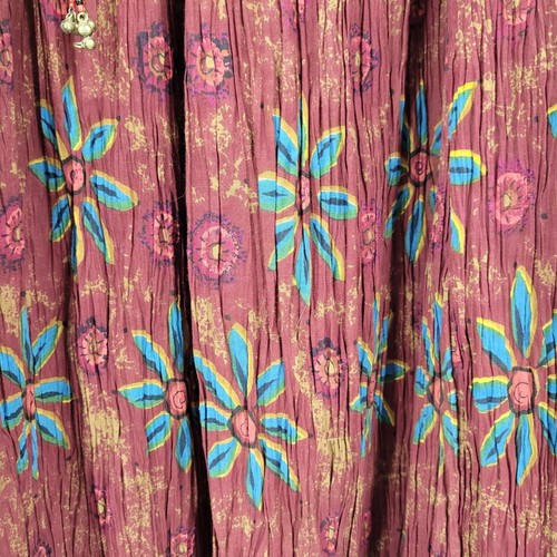 Vintage Petite Midi Skirt XLP Maroon Crinkle Cotton Floral India Boho Gypsy - Picture 6 of 10