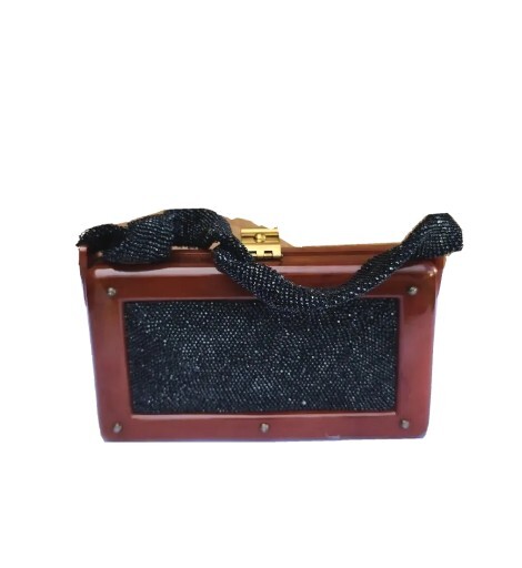 VTG 40s Brown BAKELITE Box Handbag Black Glass Be… - image 2