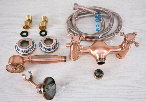 Red Copper Antique Dual Cross Handle Bath Shower Mixer Tap w /Hand Spray Gna294 - Picture 3 of 7