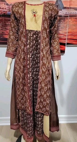 Brown Georgette Layered & Flared Style Dress Kurta With Printed Designs NWT #C - Picture 10 of 12