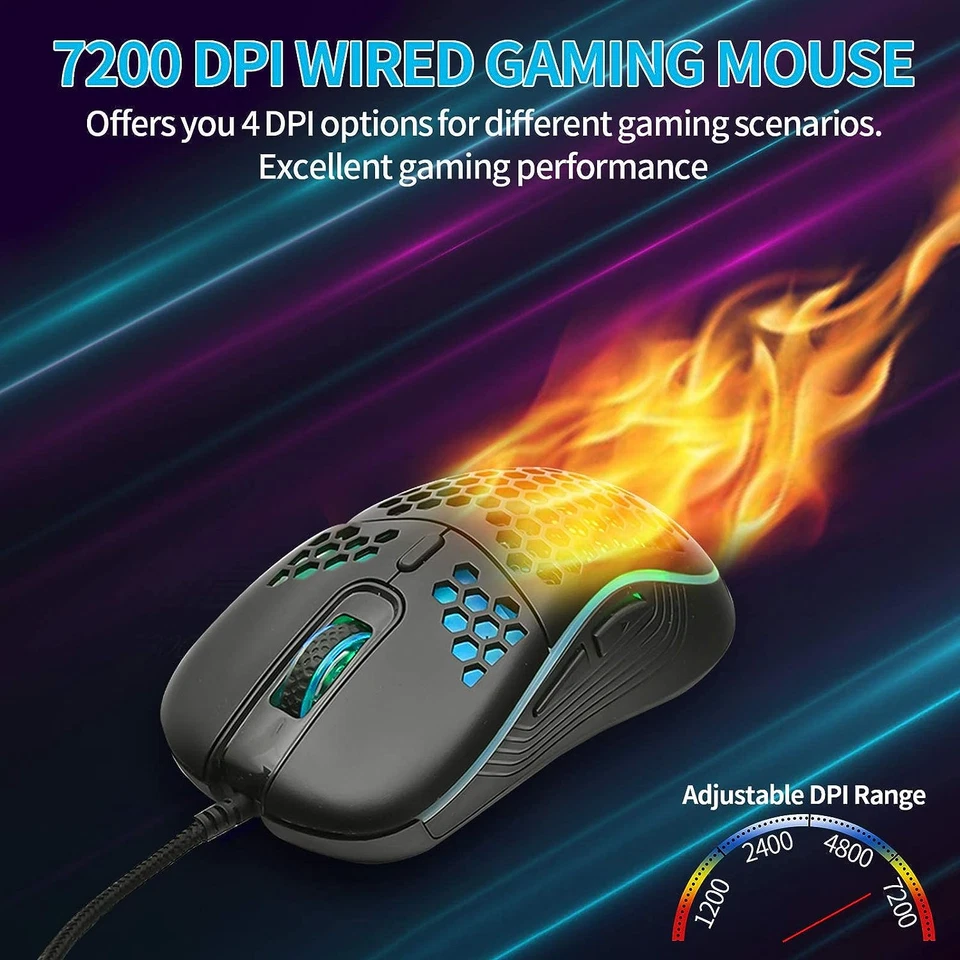 Lightweight Wired Gaming Mouse  7200 DPI RGB Lighting Honeycomb Shell  - Image 3 of 4