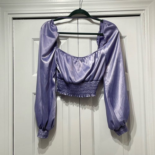 Crop Top Purple Satiny Peasant Blouse By AFRM Off Shoulder Sleeves XS 3516 BS - Picture 3 of 15