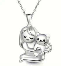 Silver Young Girl & Her Kitty Cat Necklace And Pendant