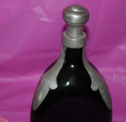 Antique Denmark Pinched Green Glass Cork Top Decanter Bottle Silver Pewter Clad - Picture 2 of 15
