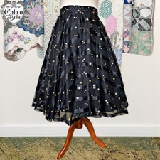 Vintage 50s Black  Gold Dot Striped Chiffon Layered Full Circle Skirt Size L 31