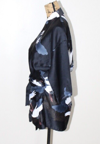 Vintage Marukyo Japanese Black Crane Satin Kimono Short Robe Tie Belt Women's M - Picture 7 of 8