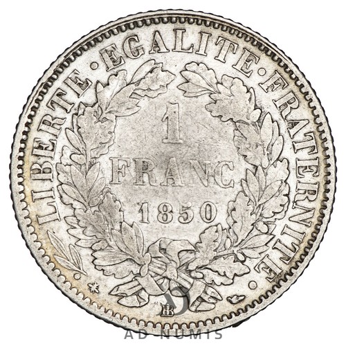 France 1 franc Cérès 1850 BB argent différent Abeille TTB Strasbourg TRES RARE ! - Picture 2 of 2