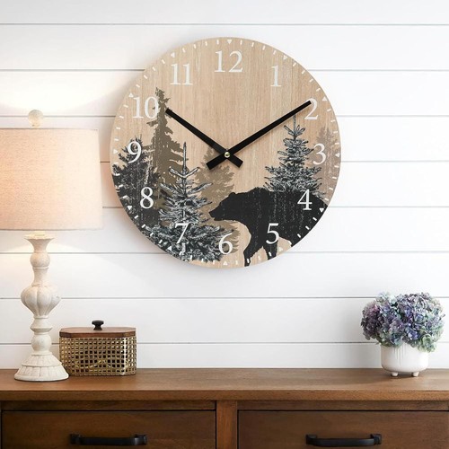 Cabin Bear Wall Clock Silent Non Ticking Wooden Forest Lodge Battery Operated - Picture 6 of 6