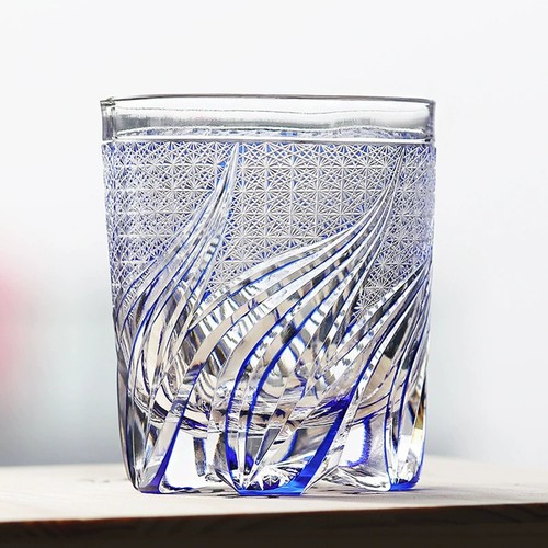 Vasos de whisky de cristal Edo Kiriko cortados a mano a azul claro 9 oz embalaje de regalo - Imagen 10 de 14