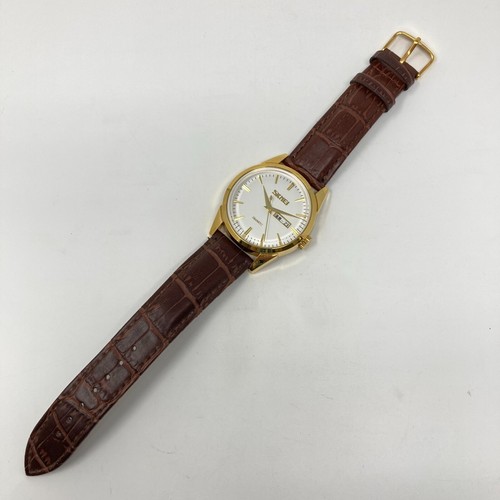 Skmei Watch Men 39mm Gold Tone Day Date Brown Leather WR 30M New Battery 9.25" - Picture 15 of 18