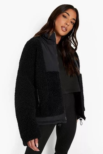 boohoo womens jacket black funnel neck teddy faux fur full zip pockets size 16 - Picture 8 of 8