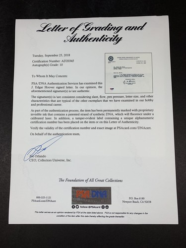 Carta autógrafa The Finest, J. Edgar Hoover 27/10/66 PSA GRADO 10 GEMA COMO NUEVA - Imagen 3 de 3