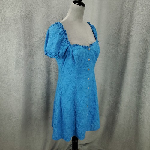 Lulu's Dress Womens Large Blue Mini Puff Sleeve Sweetheart Neck Lined Floral - Picture 2 of 10