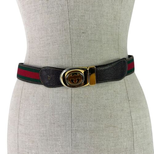 Genuine Vintage GUCCI Reversible Red Green Stripes Brown Leather GG belt 30 - Picture 2 of 13
