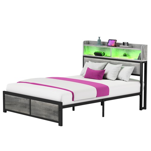 Full Size Metal Platform Bed Frame with Shelves LED Lights USB Charging Outlets - Picture 7 of 12