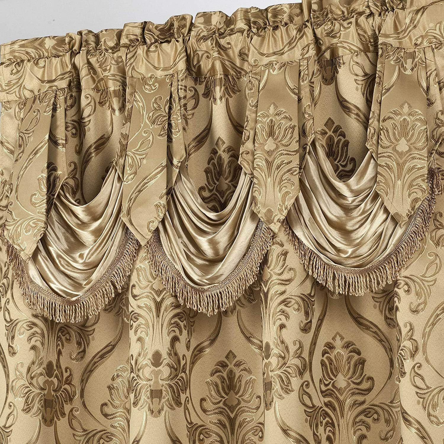 Set 2 Light Brown Fringe Damask Curtains Panels Drapes Valance 63 84 96 inch L Gorące okazje