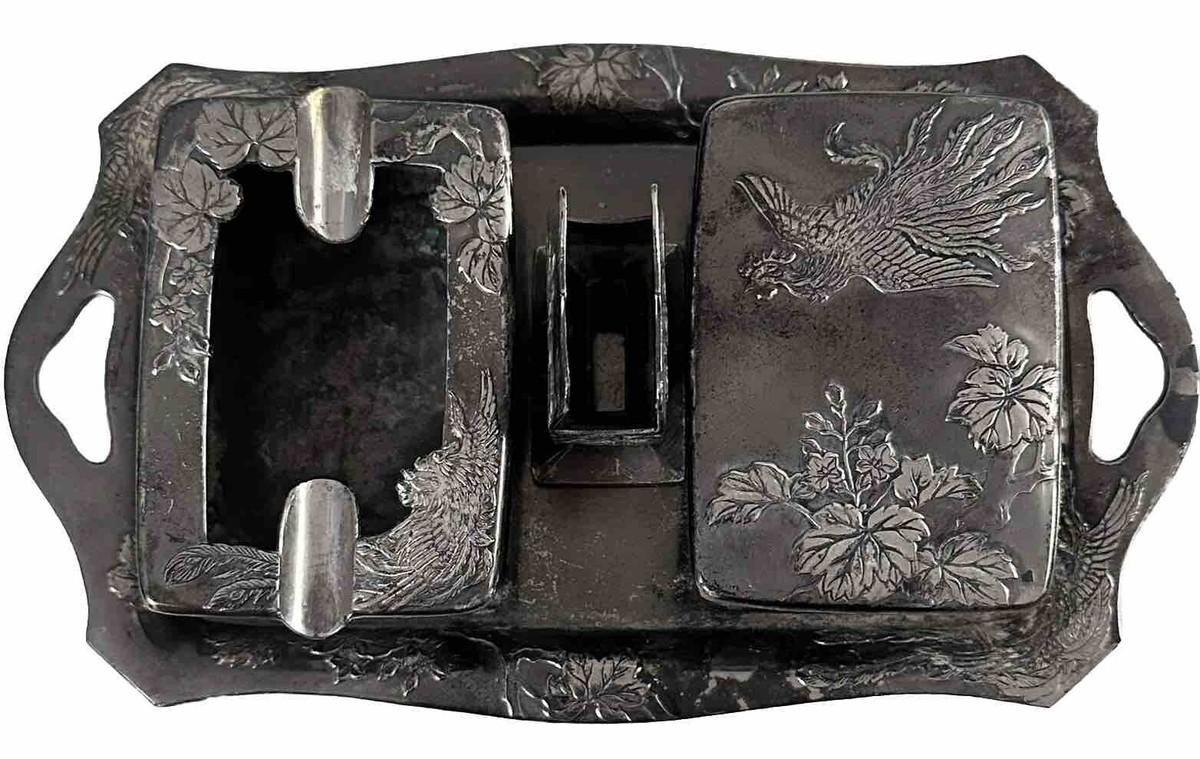 Vintage Metal Japanese Smoking Desk Set Cigarette Case