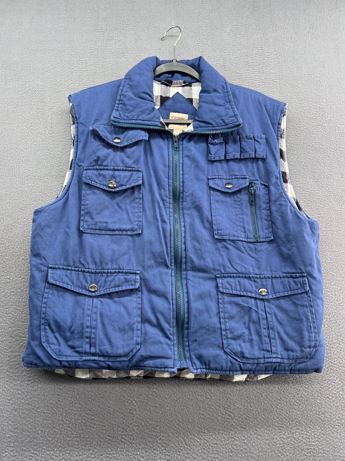 VTG Ozark Trail Vest Mens Large Blue Flannel Lined Utility Multi Pocket Zip
