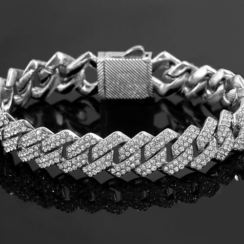 Braccialetti catena maglia cubana 7/8/9 pollici 14 mm donna uomo strass pavimentato punta cubana - Foto 3 di 28